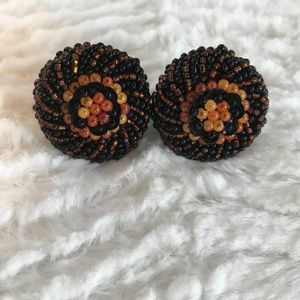 Black & Burnt Orange Beaded Clip On Earrings